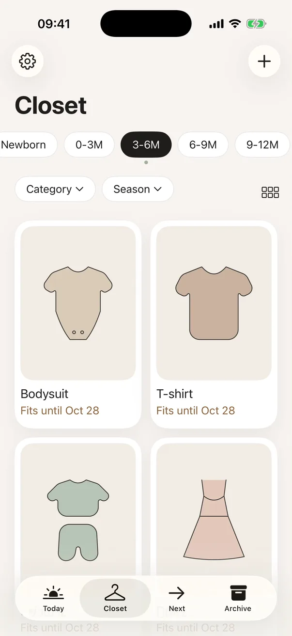 The TinyCloset app showing a baby's wardrobe sorted by size